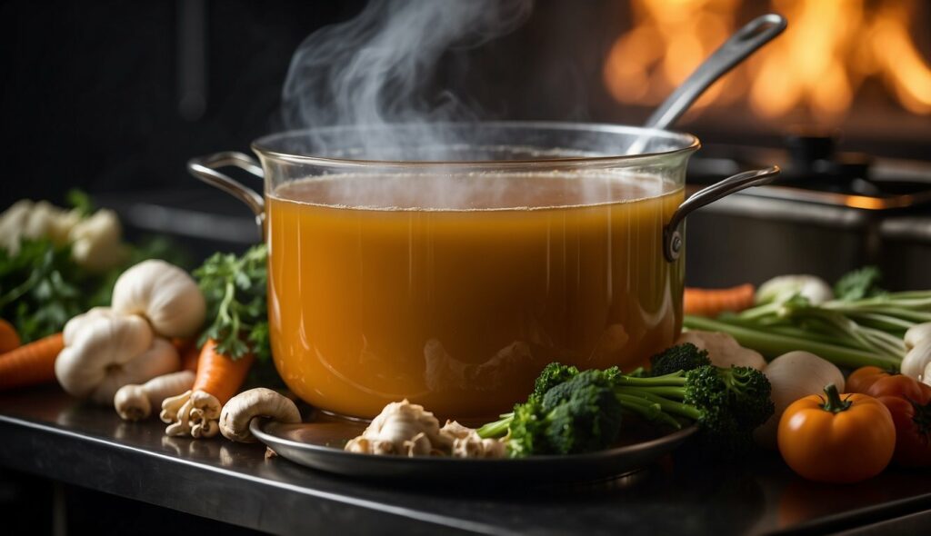bone broth cooking in a glass pot