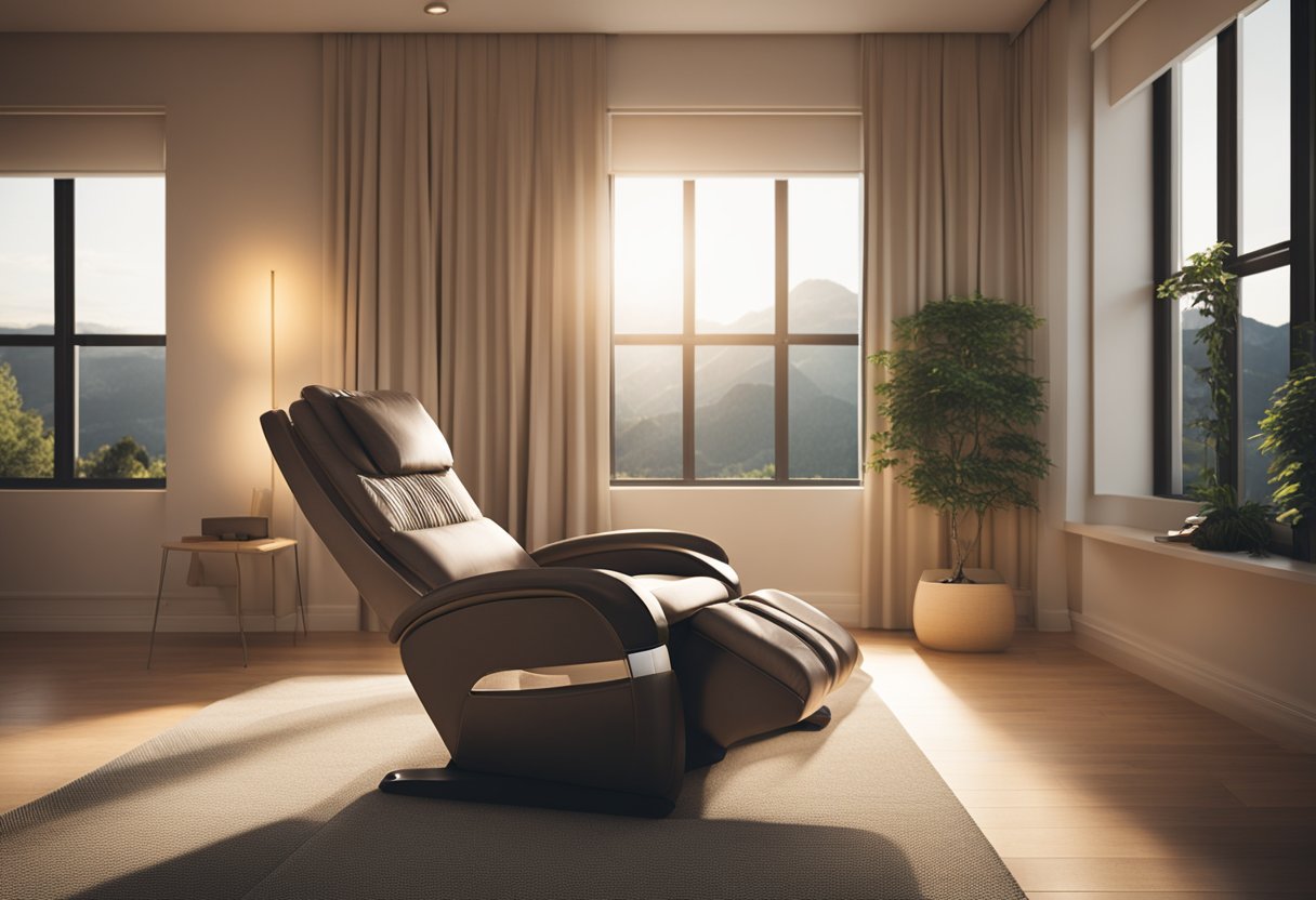 A serene room with soft lighting, a comfortable reclining chair, and soothing music playing in the background. A gentle, calming atmosphere for a reflexology session