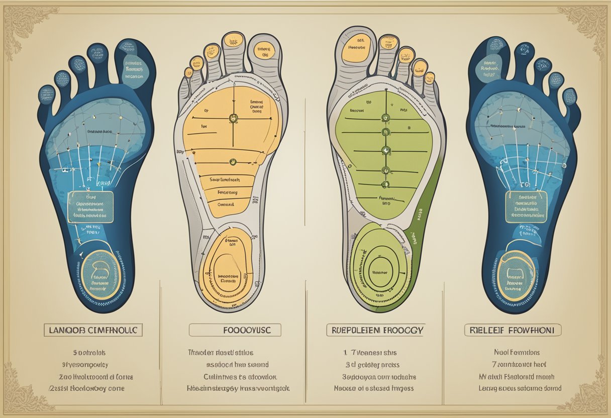 A foot resting on a cushioned surface with different zones marked and labeled for reflexology