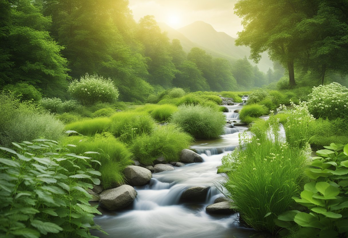 A serene nature scene with herbs, plants, and a flowing stream, symbolizing the principles of naturopathy for disease prevention