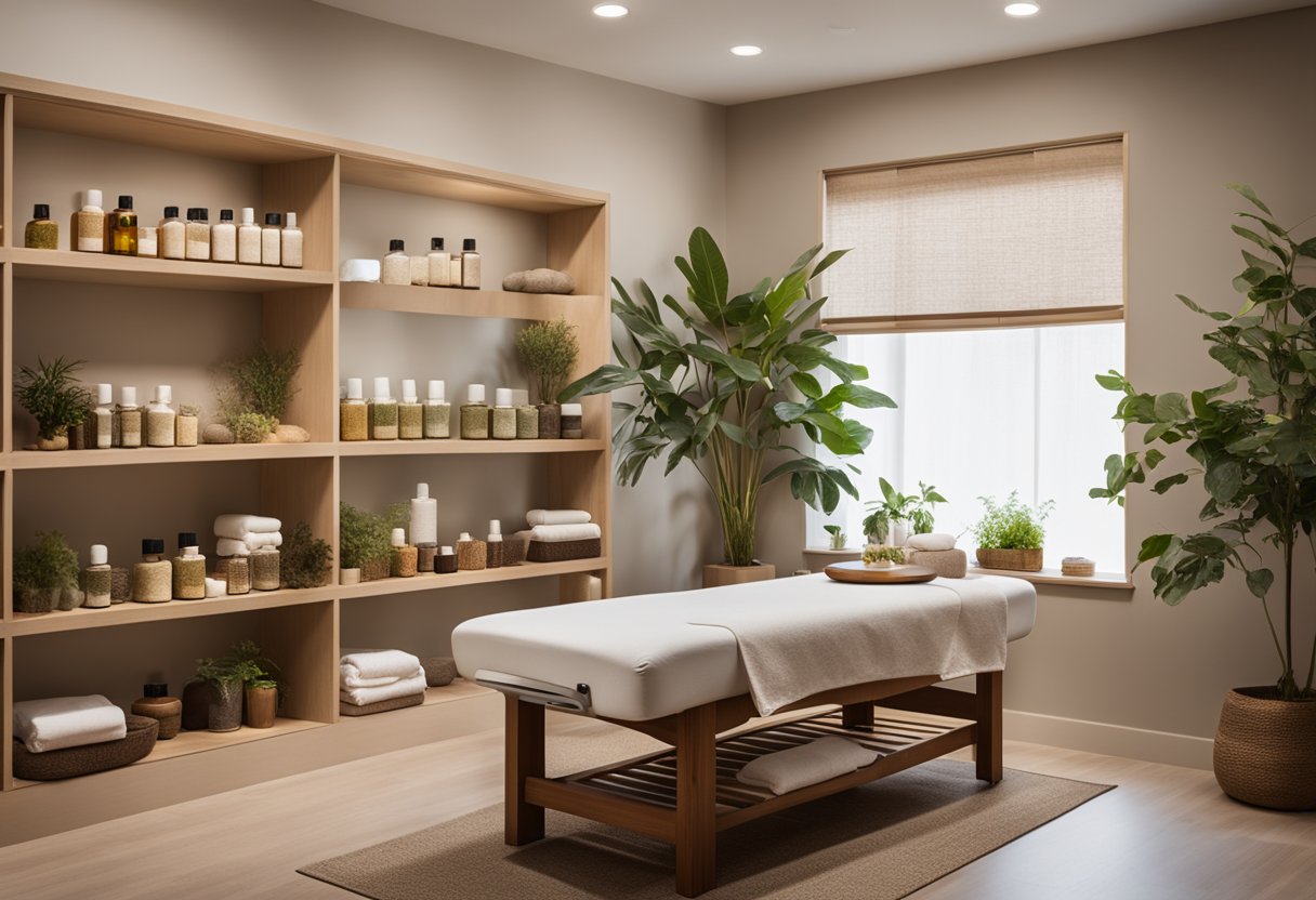A serene treatment room with natural decor, soft lighting, and essential oil diffuser. Massage table with organic linens and herbal remedies displayed on shelves