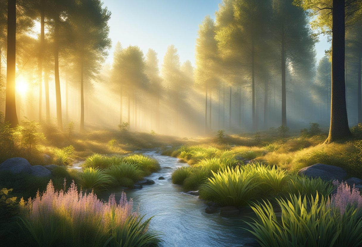 Sunrise over a tranquil forest, with a flowing stream and diverse plant life