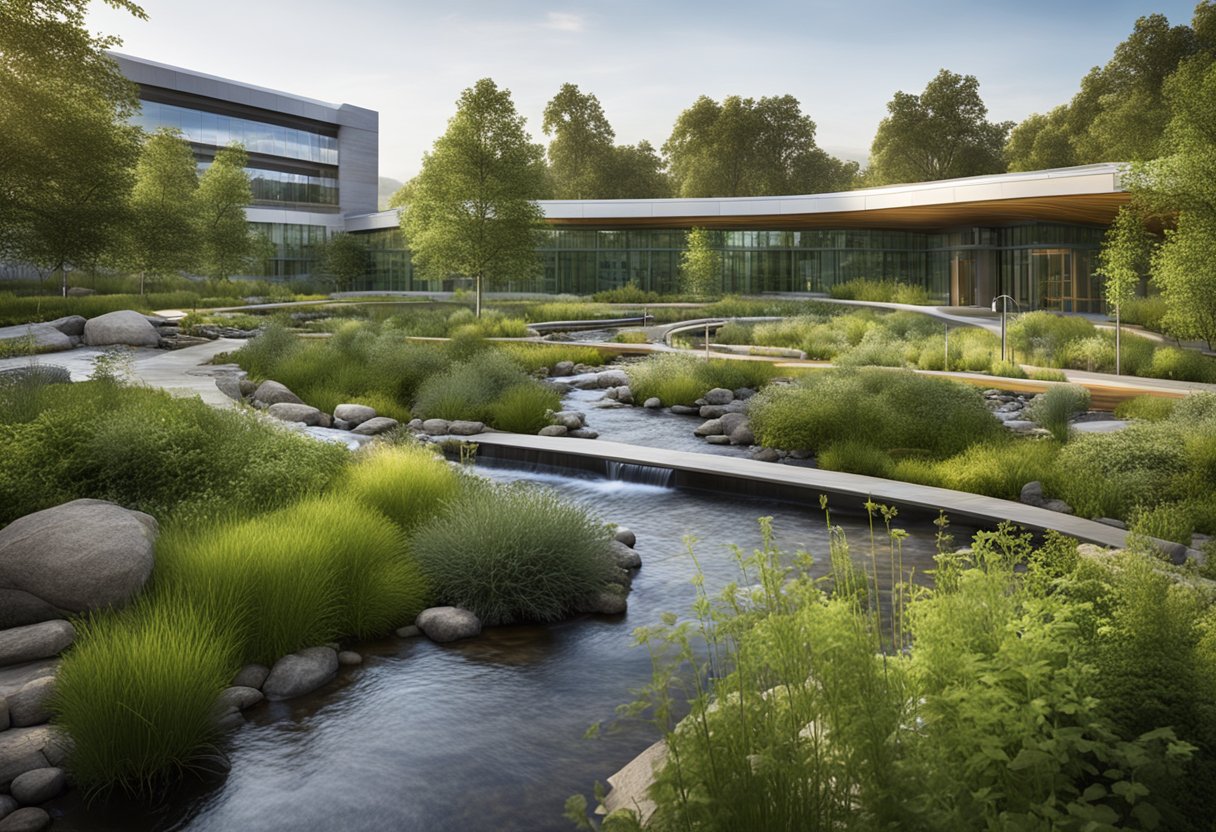 A serene natural setting with herbs, plants, and a flowing stream, contrasting with a sterile, modern medical facility