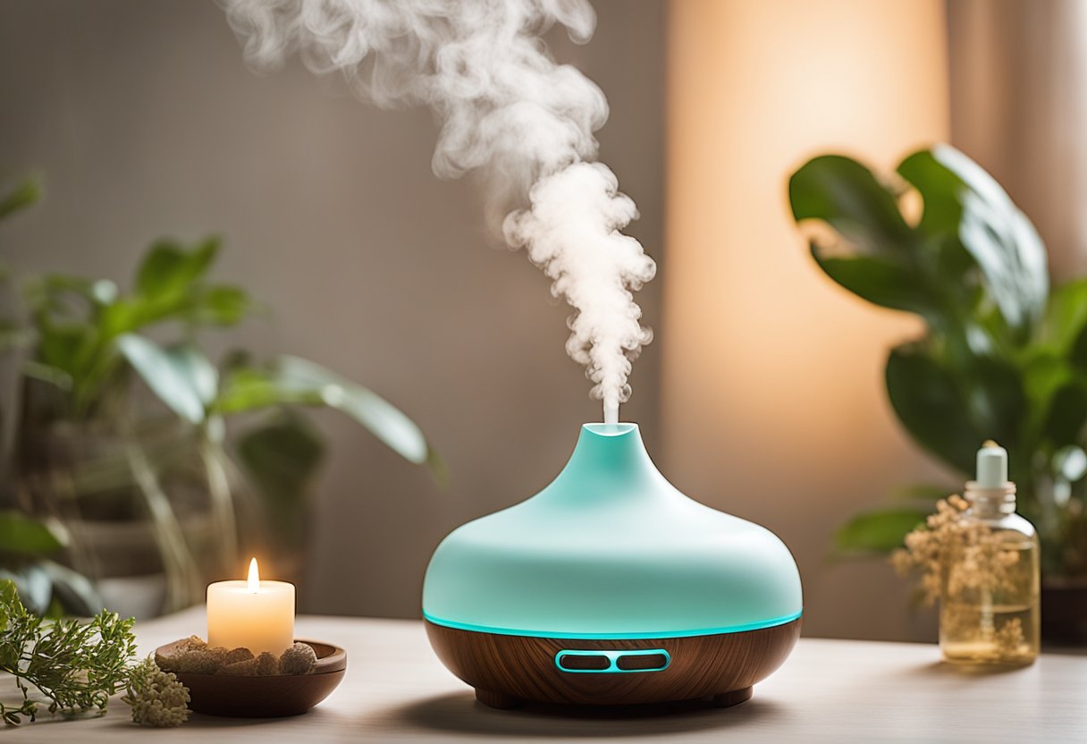 Aromatherapy scene: Essential oil diffuser releasing fragrant mist in a serene room with soft lighting and botanical decor
