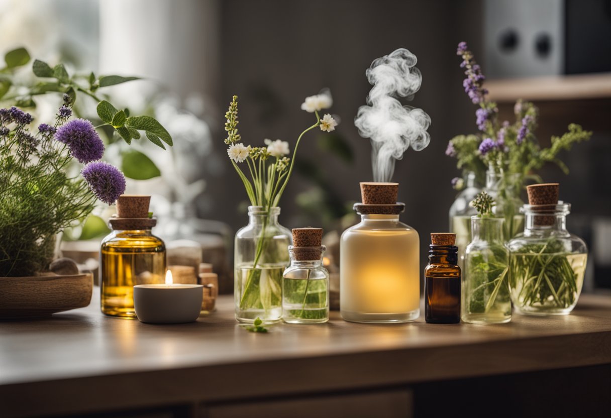 Aromatherapy: A serene room with diffuser emitting fragrant mist, surrounded by various essential oil bottles and natural elements like flowers and herbs