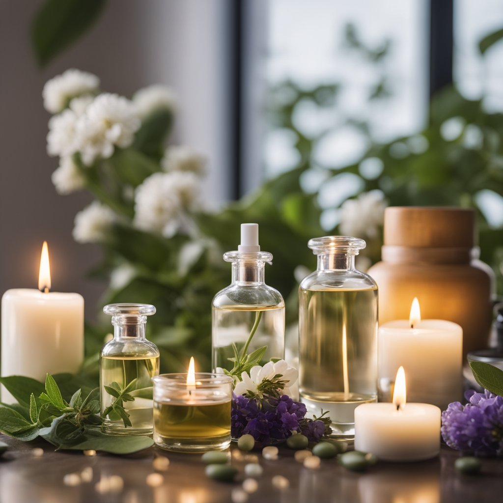 Aromatherapy: Bottles of essential oils on a wooden shelf, diffuser emitting scented mist, and a person relaxing in a cozy room