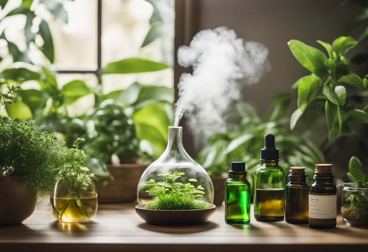 Aromatherapy scene: A serene room with diffuser emitting fragrant mist, surrounded by various essential oil bottles and lush green plants