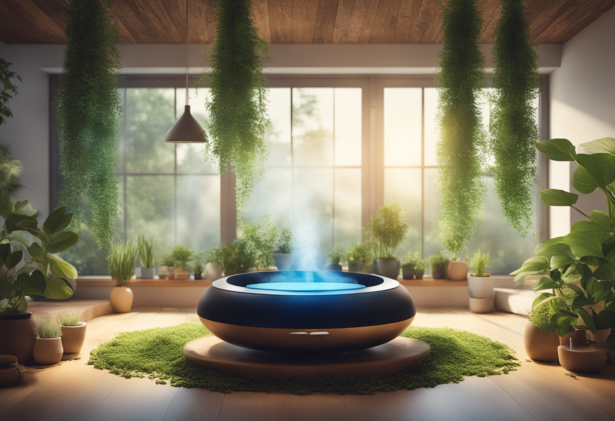 Aromatherapy scene: A tranquil room with diffuser emitting essential oils, surrounded by various aromatic plants and herbs