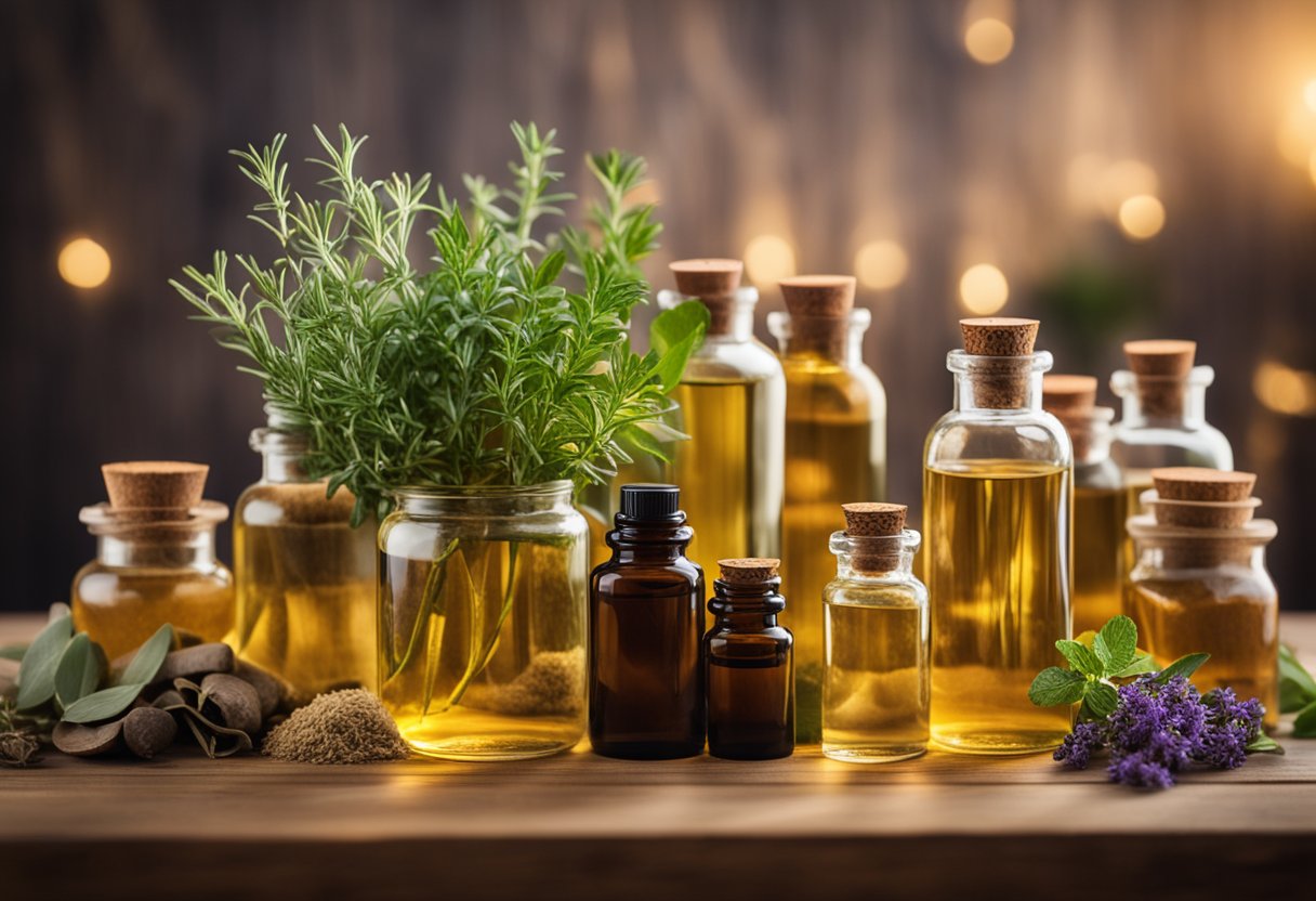 Aromatherapy bottles and herbs arranged on a wooden table with soft lighting and a calming atmosphere