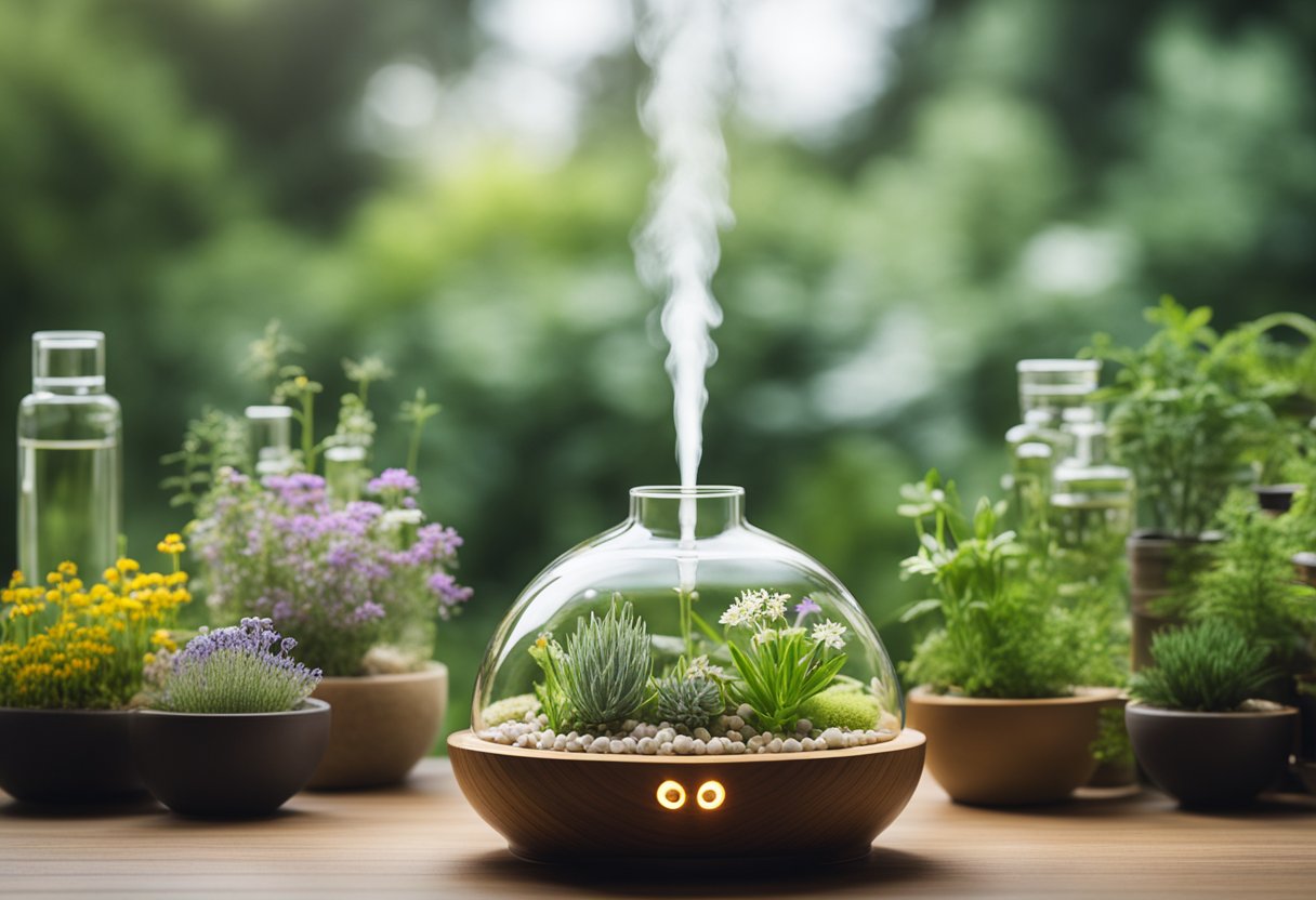 A serene setting with various aromatic plants, flowers, and herbs, emitting fragrant essential oils. A diffuser disperses the calming scents into the air