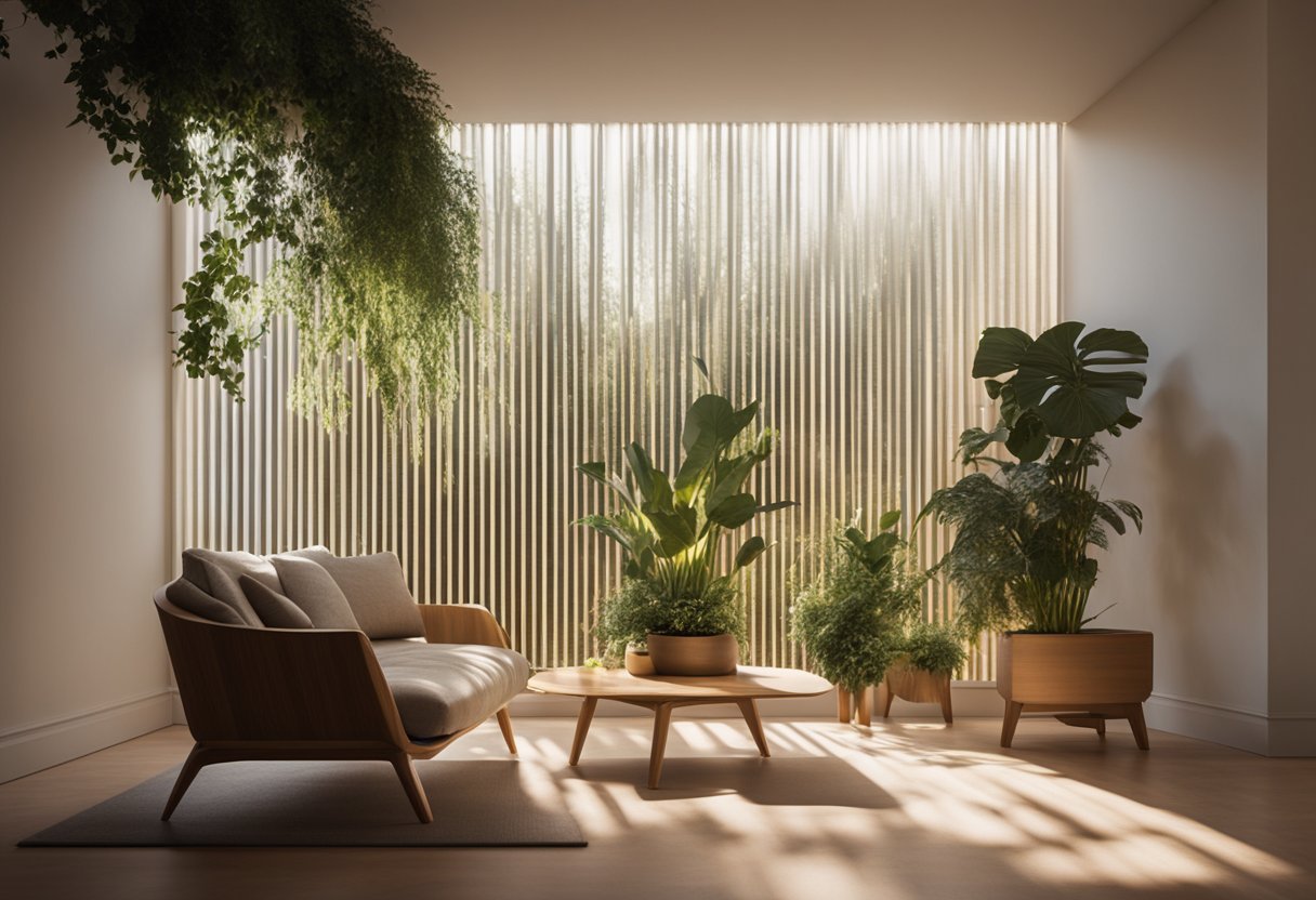A bright light box illuminates a serene room, casting a warm glow on plants and furniture. Rays of light gently filter through the space, creating a soothing and peaceful atmosphere