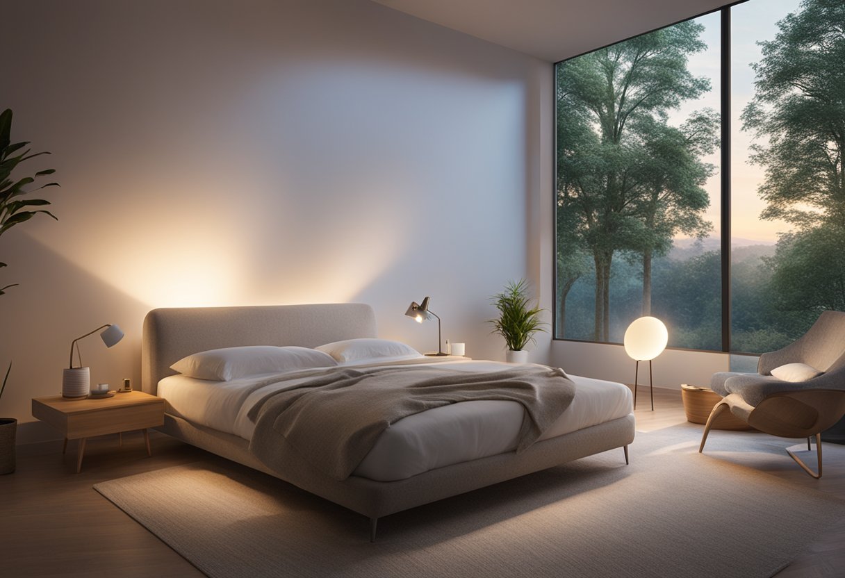A bright light shines on a serene setting, casting a warm and calming glow. The light therapy device emits a soft, soothing light, creating a peaceful and relaxing atmosphere