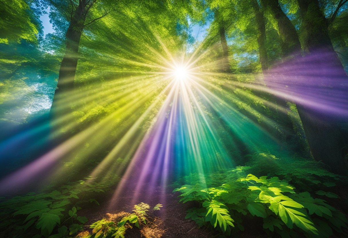A bright light shines through a prism, dispersing into a spectrum of colors. Rays of light interact with plant leaves, demonstrating photosynthesis