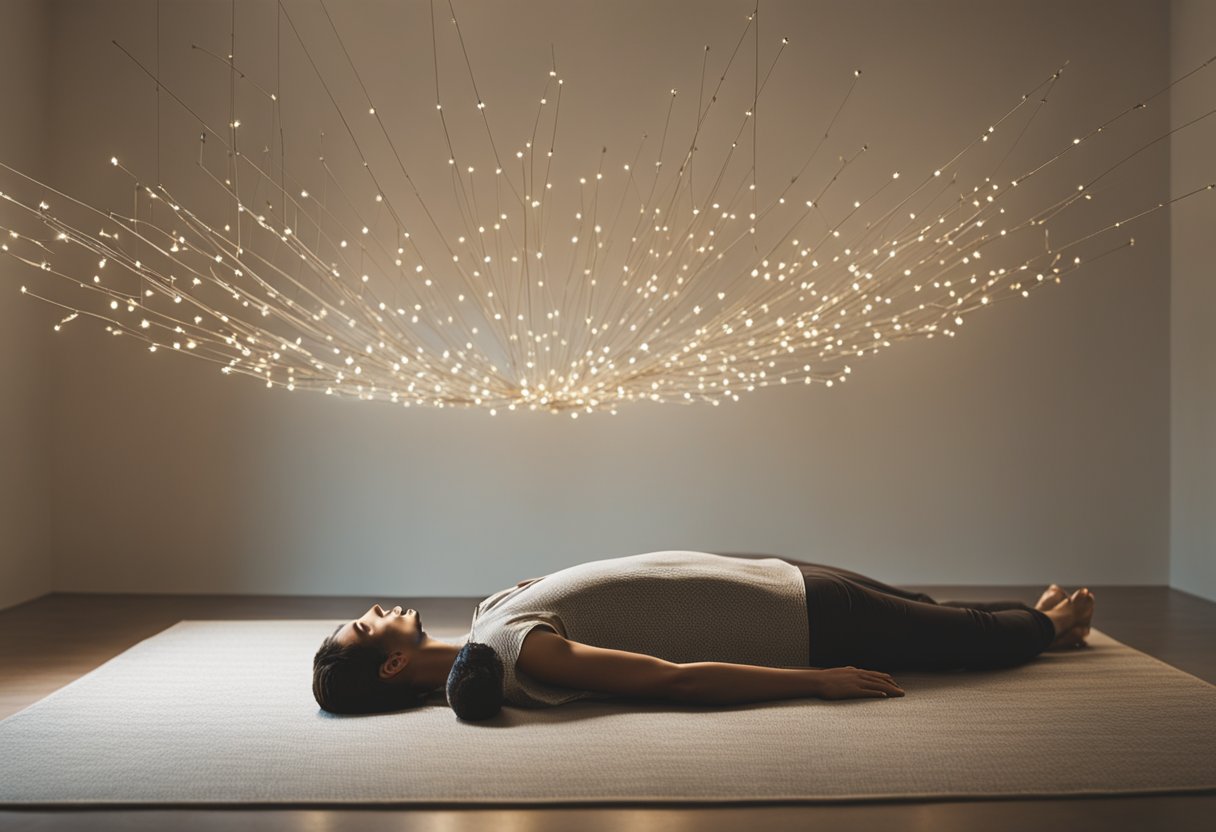 A person lies on a table with thin needles inserted into specific points on their body. The room is calm with soft lighting and soothing music playing in the background