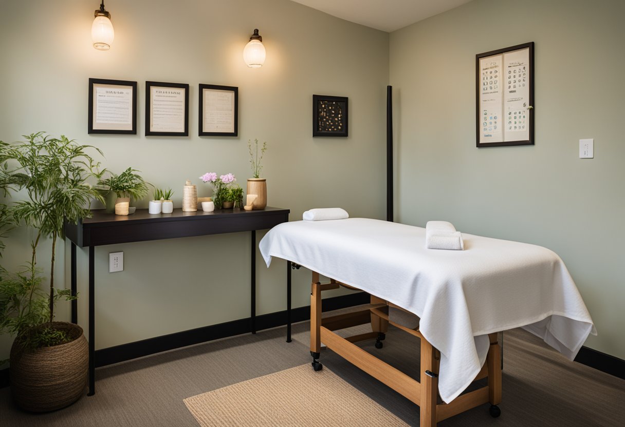 A serene room with a treatment table, acupuncture needles, and calming decor. A sign reads "Acupuncture for Specific Populations."