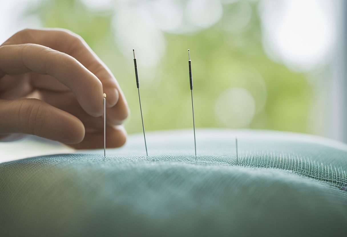 An acupuncture needle being inserted into a point on a model of the human body