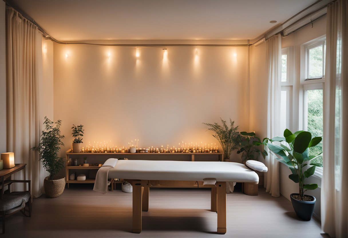 A tranquil room with soft lighting, a massage table, and soothing music. A practitioner prepares acupuncture needles and herbal remedies on a nearby table