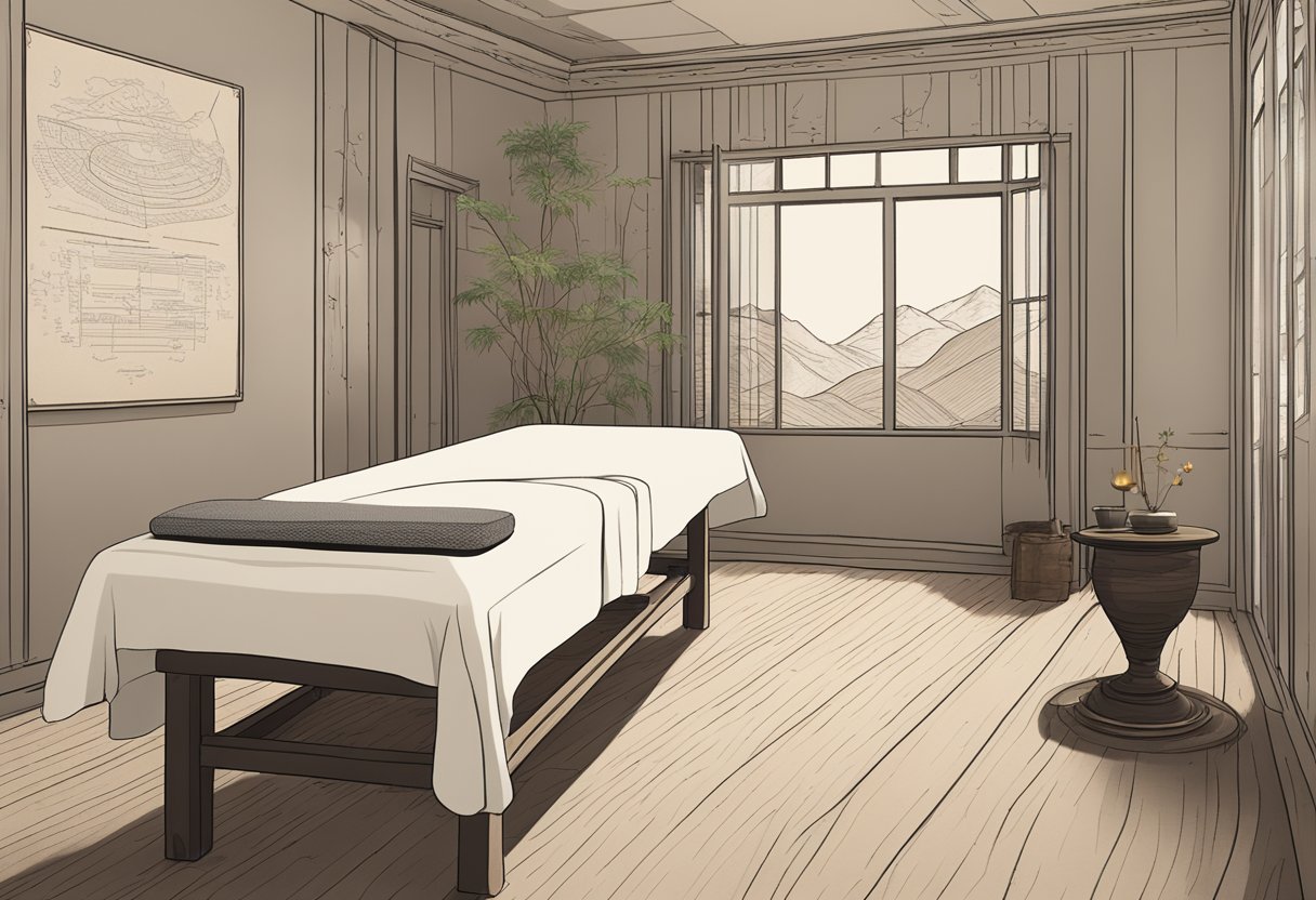 A serene room with a massage table, incense burning, and soft music playing. A diagram of the human body with meridian lines is displayed on the wall