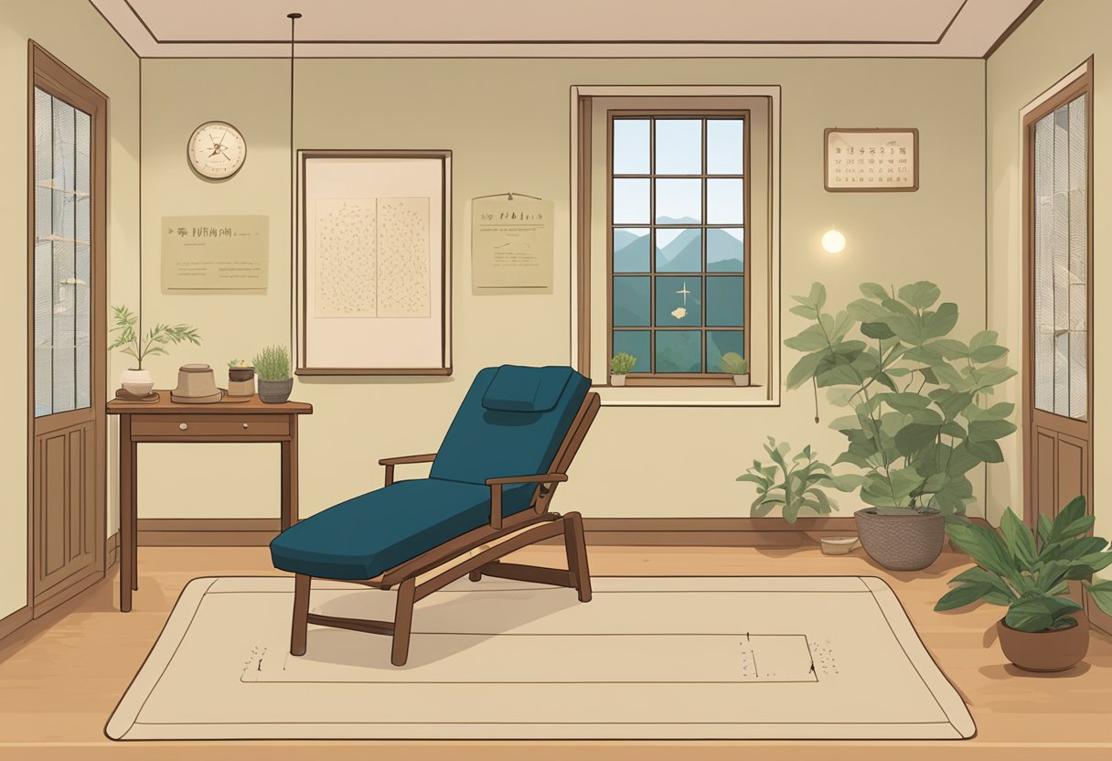 A serene room with a reclining chair, soft lighting, and a peaceful atmosphere. A small table holds acupuncture needles, herbs, and a diagram of the body's meridian points