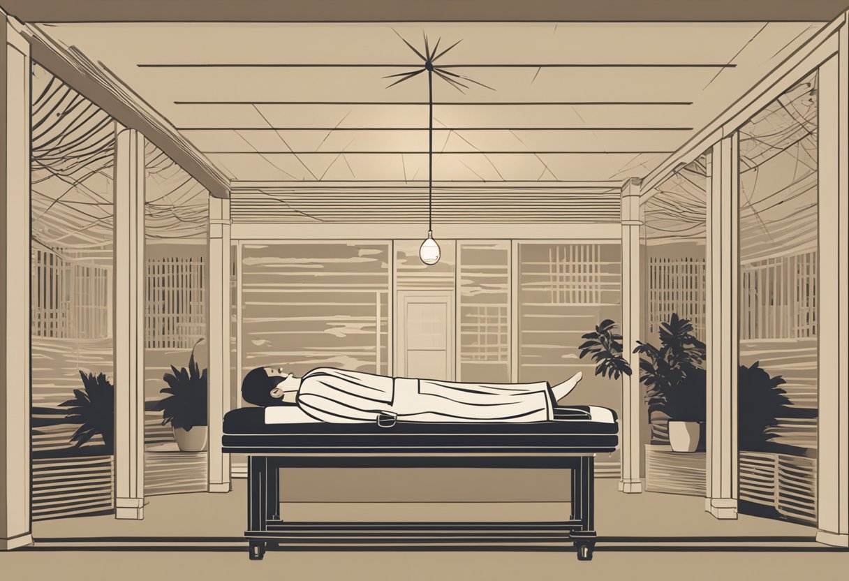 A patient lies on a massage table, surrounded by dim lighting and soothing music. The acupuncturist carefully inserts thin needles into specific points on the body, creating a calming and therapeutic atmosphere