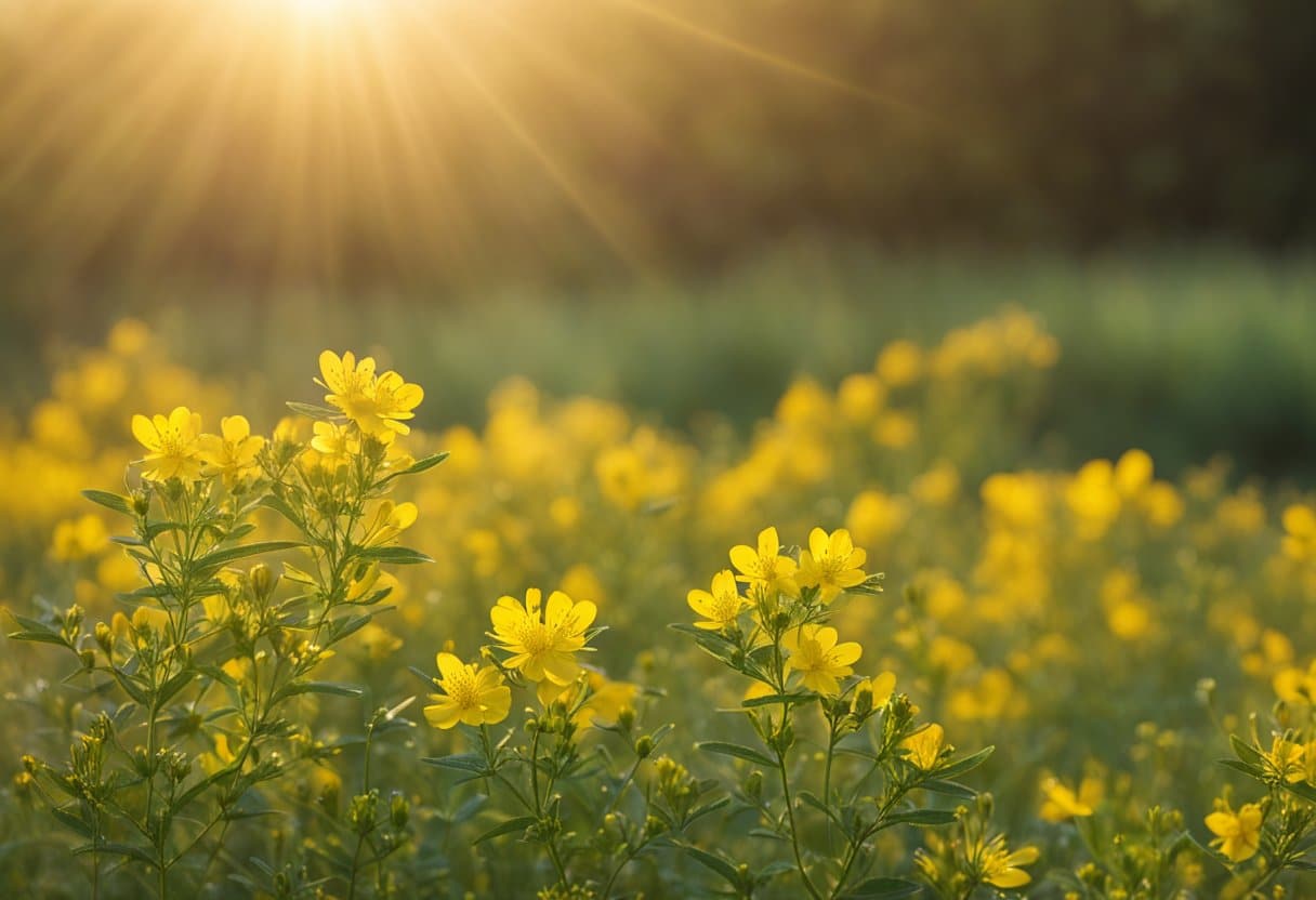 A field of St. John's Wort plants bathed in golden sunlight, with delicate yellow flowers and slender green leaves