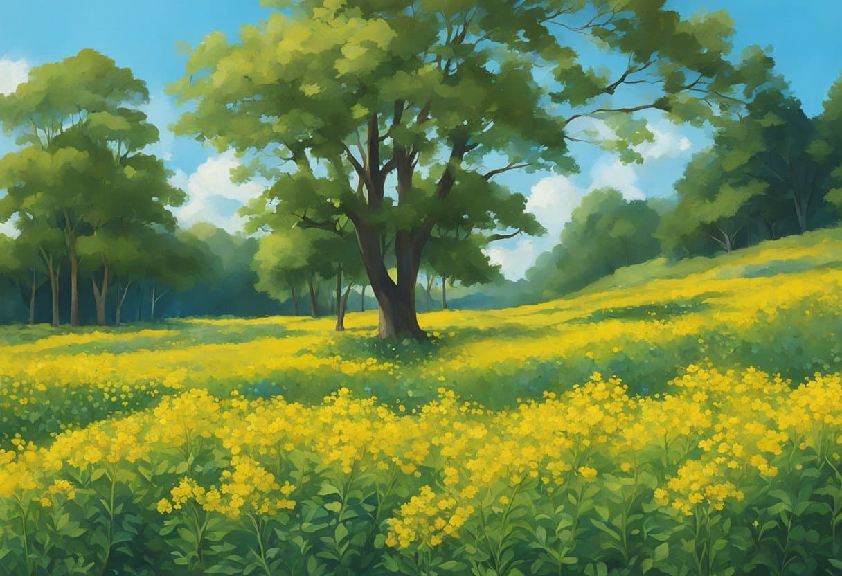 A sunny field with vibrant yellow St. John's Wort flowers, surrounded by lush greenery and a clear blue sky