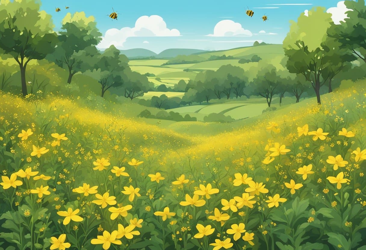 A sunny field with vibrant St. John's Wort plants in bloom, surrounded by buzzing bees and fluttering butterflies. The scene exudes a sense of tranquility and natural beauty